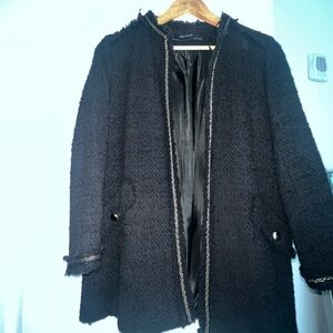 Zara Black Bouclé Chain-Trim Open Coat